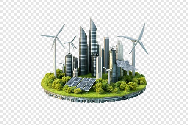 PSD futuristic eco city with wind turbines and solar panels isolated on a transparent background