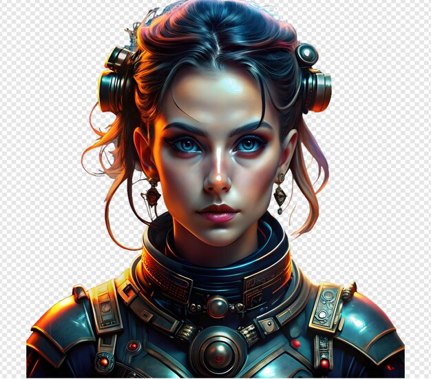 PSD futuristic female character in cyberpunk armor with intense gaze