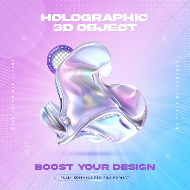 PSD futuristic holographic chrome liquid metal blobs shapes illustration