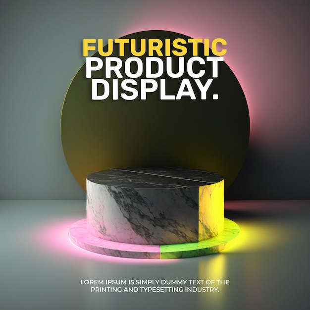 PSD futuristic podium stage display mockup product presentation , neon light scene for product display