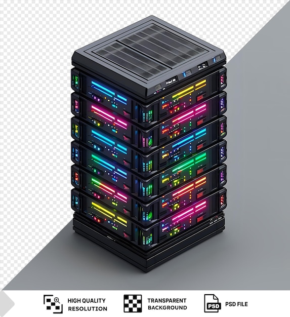 PSD futuristic server rack with colorful lights isolated on a transparent background