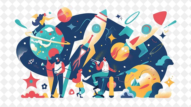 PSD futuristic space explorer with characters exploring and stud png people in daily work illustration