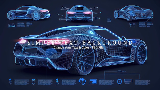 PSD futuristic sports car rendered in wireframe