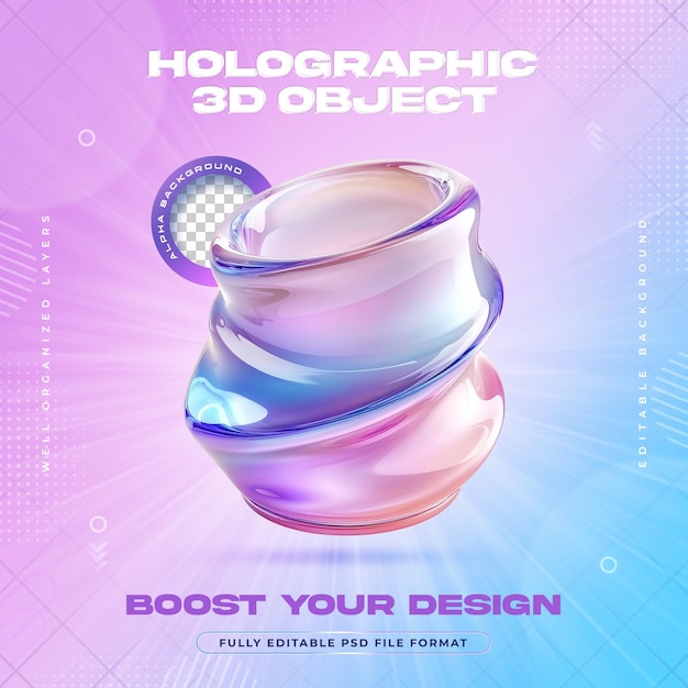 PSD futuristic vibrant holographic iridescent conical helix shapes illustration