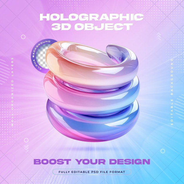 PSD futuristic vibrant holographic iridescent spring coil shapes illustration