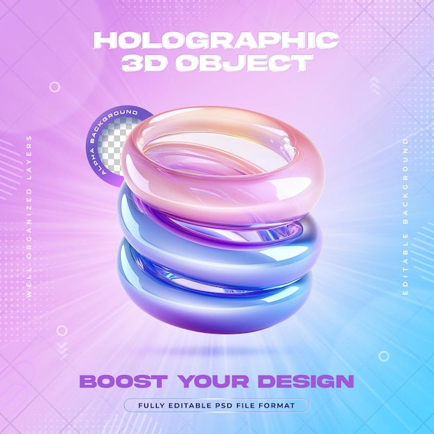 PSD futuristic vibrant holographic iridescent spring coil shapes illustration