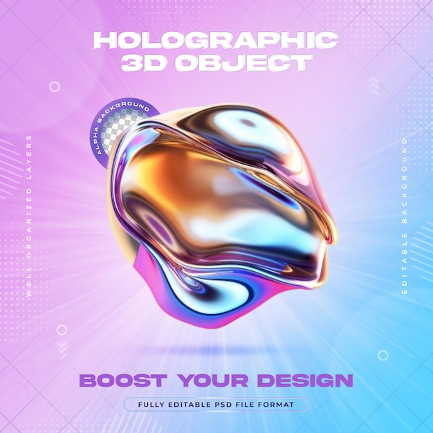 PSD futuristic vibrant holographic liquid metal blobs shapes illustration