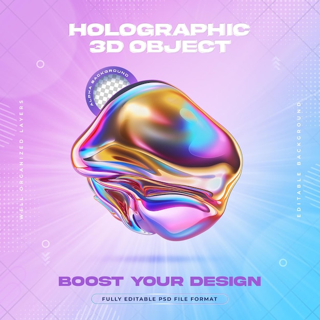 PSD futuristic vibrant holographic liquid metal blobs shapes illustration