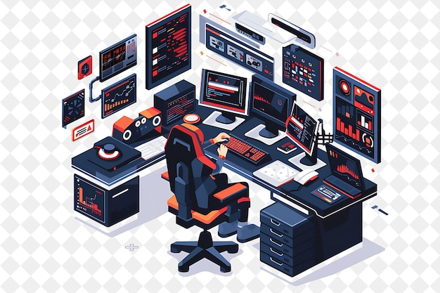 PSD futuristic video game designer with characters coding and te png people in daily work illustration