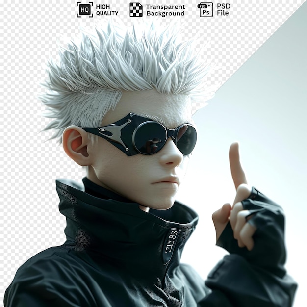 The Futuristic Visionary Cyberpunk Teenager with Silver Spiked Hair and HighTech Goggles Pointing