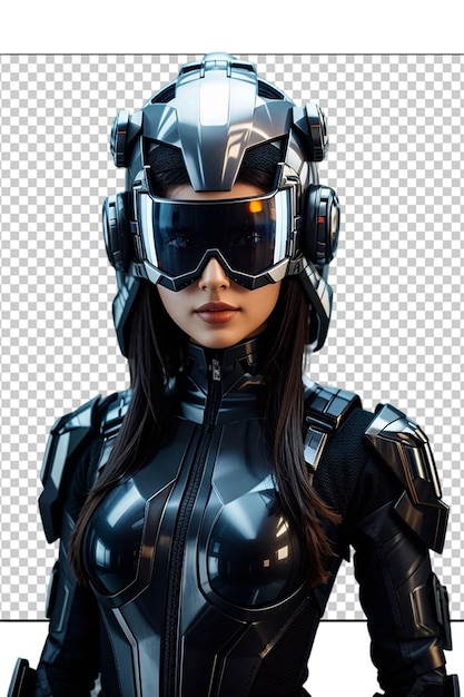 futuristic woman in metal helmet and glasses