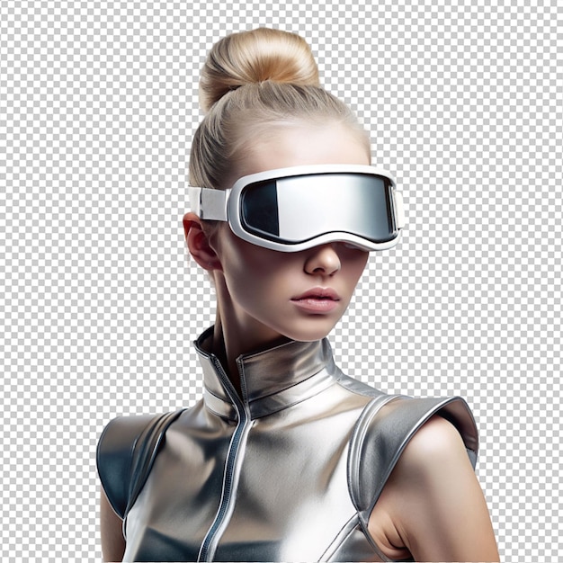 futuristic women wearing VR glasses on transparent background