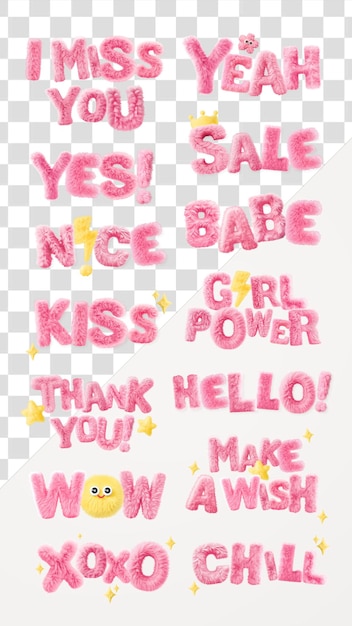 Fuzzy pink words png cut out set