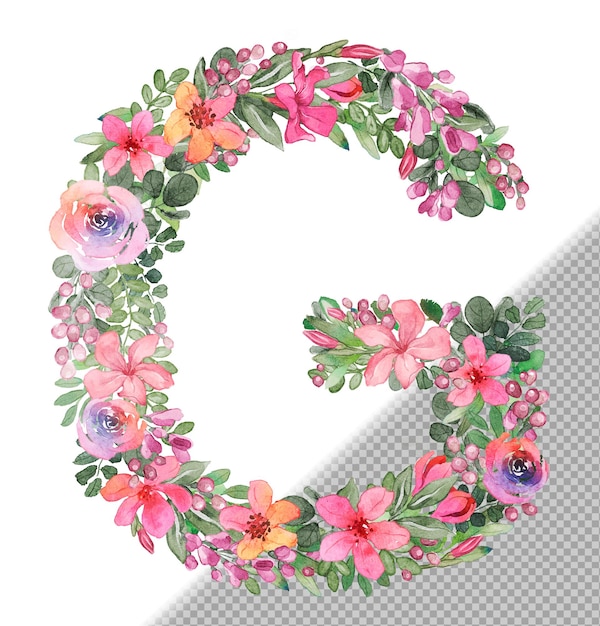 G letter in uppercase made of soft handdrawn flowers and leaves