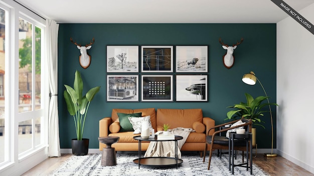 Gallery mockup with green wall background and plants