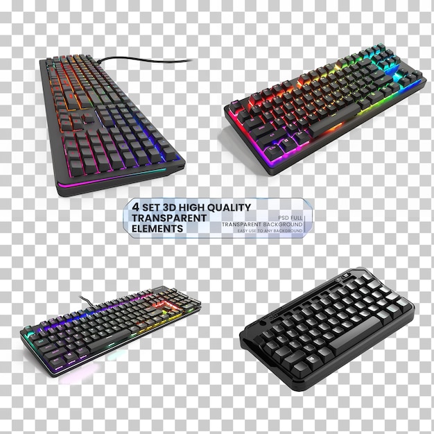 Gaming keyboard with RGB light isolated on transparent background