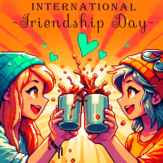 PSD gaming style international friendship day with cute pixel art toasting to celebrate friendship