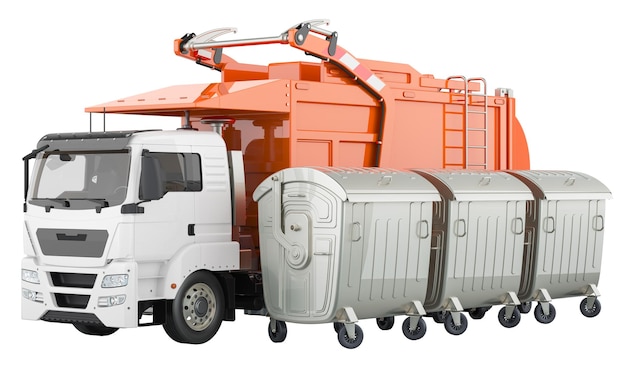 PSD garbage truck with outdoor large garbage trash containers 3d rendering isolated on transparent background