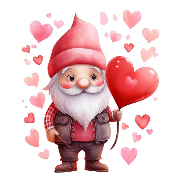 PSD garden gnome with red heart isolated on transparent background watercolor illustration