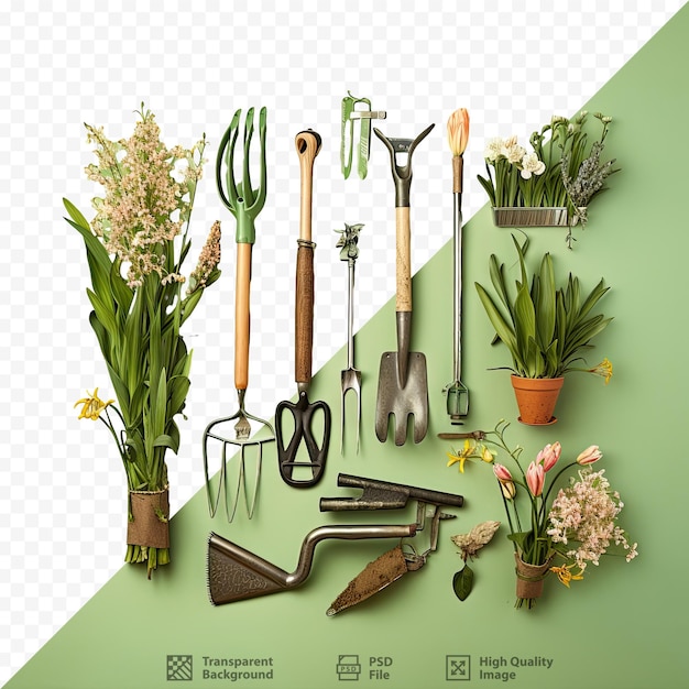 Garden tools and grass in spring against black