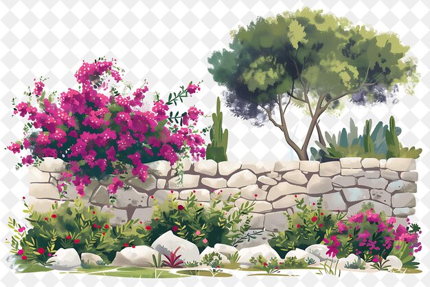 a garden with flowers and a stone wall with a picture of a garden