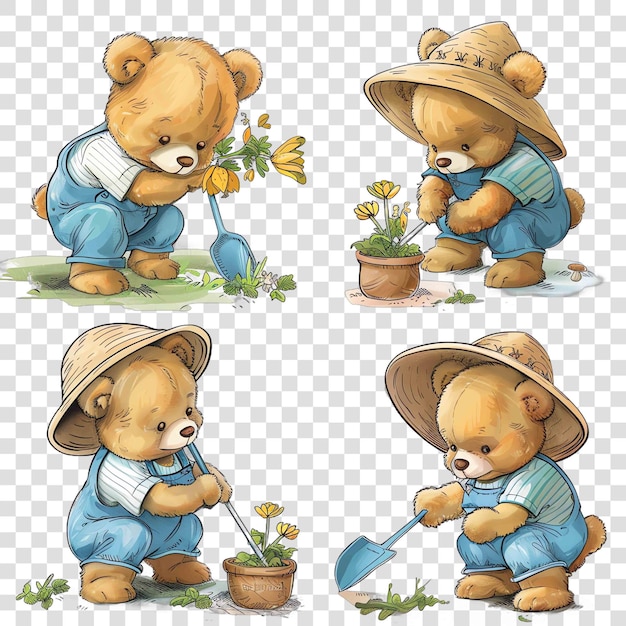 gardening lady teddy bear watercolor nurseryon transparent background