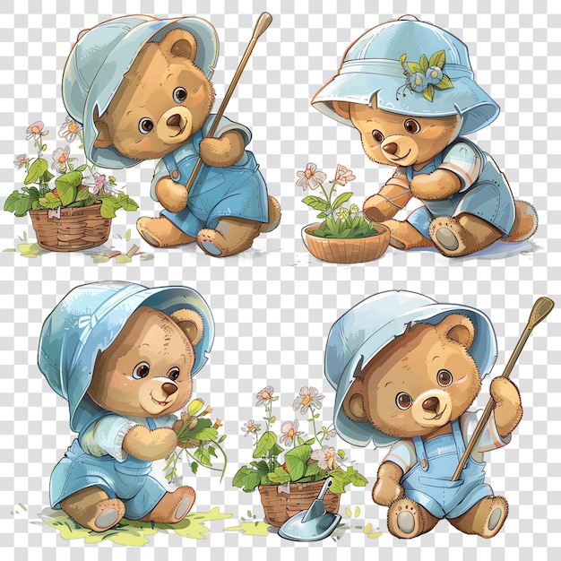 gardening lady teddy bear watercolor nurseryon transparent background