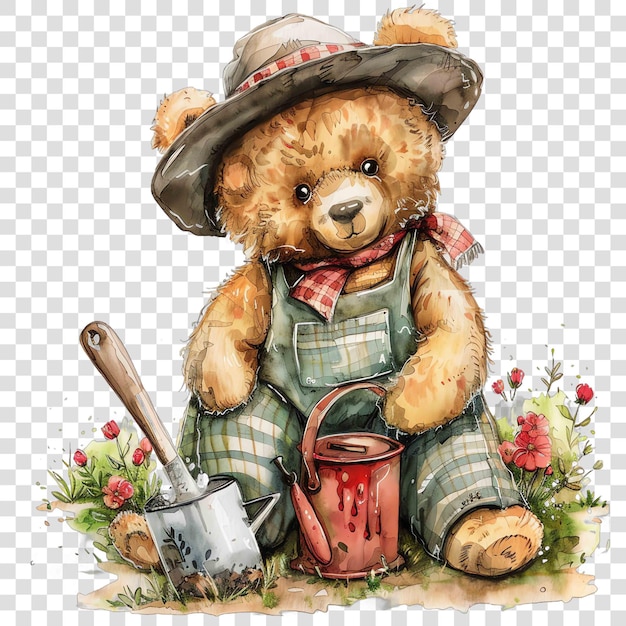 PSD gardening lady teddy bear watercolor nurseryon transparent background