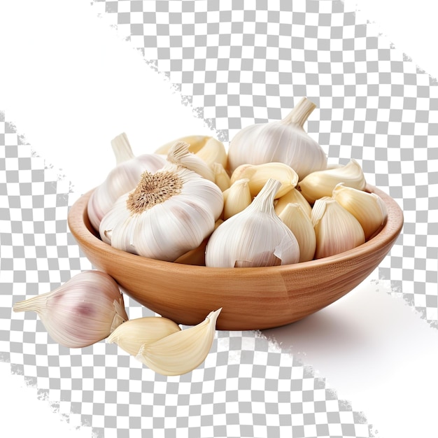 PSD garlic and garlic cloves in a bowl on a wooden background isolated on transparent background