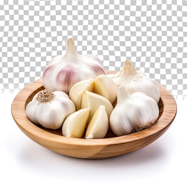 PSD garlic and garlic cloves in a bowl on a wooden background isolated on transparent background