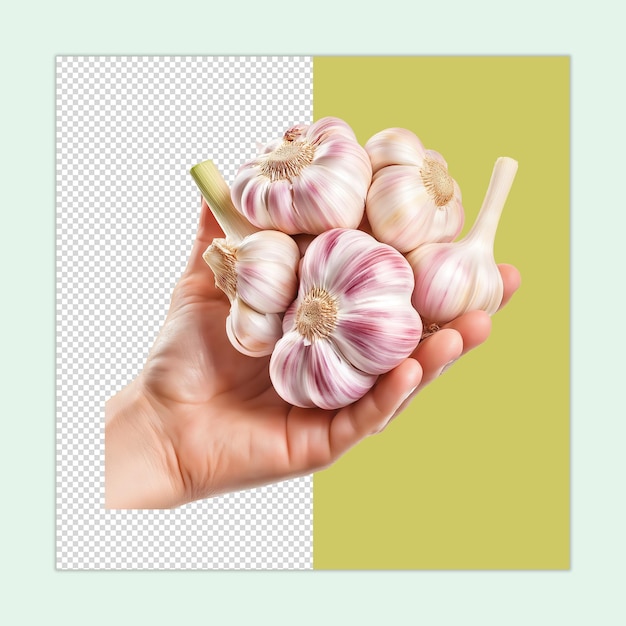 PSD garlic plant isolated garlic psd hand holding garlic bunch illustration