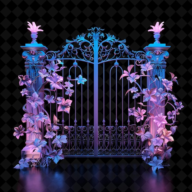 a gate with flowers and a gate with a purple flower on the top