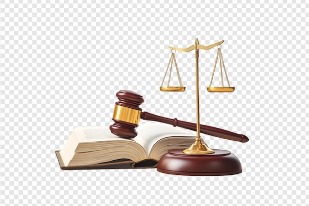 Gavel scales of justice and law book isolated on a transparent background