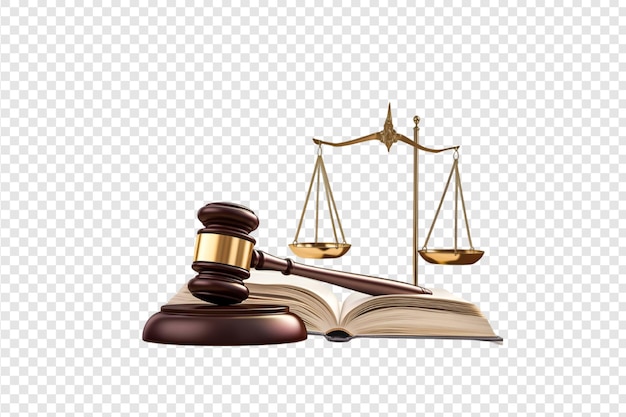 PSD gavel scales of justice and law book isolated on a transparent background