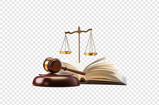 Gavel scales of justice and law book isolated on a transparent background