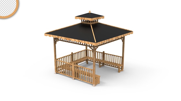 A gazebo with a black roof and a small staircase.