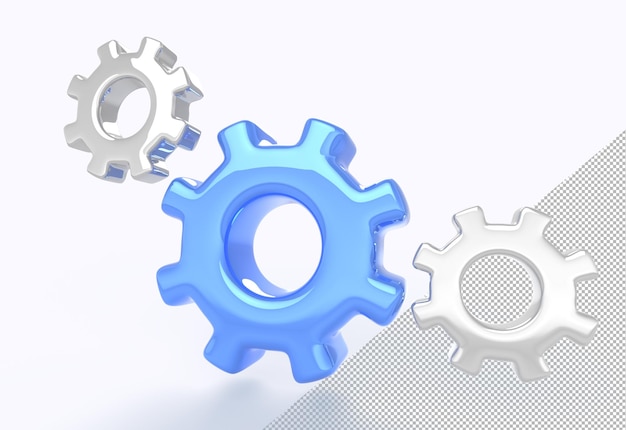 Gear icons on white background 3D render Metal and blue engine cogs setting symbol Cogwheels mechanism working process teamwork cooperation software development concept