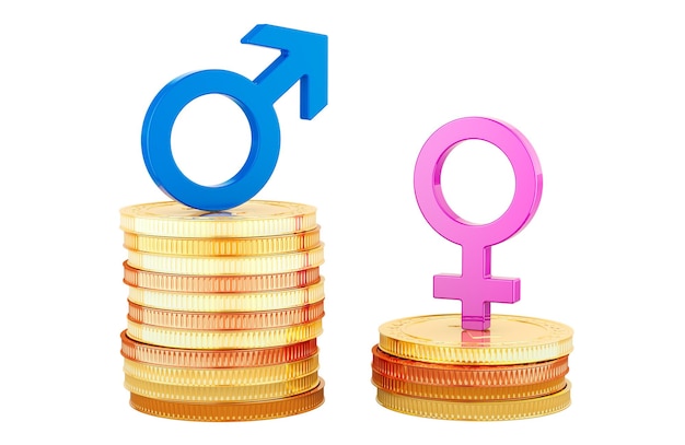 PSD gender pay gap concept blue male gender symbol and pink female gender sign on stacks of coins 3d rendering isolated on transparent background