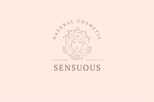 Gentle botanical woman portrait outline logo design template