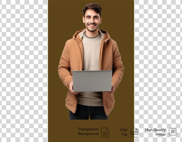 A gentleman holding a laptop on transparent background