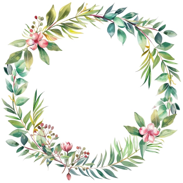 PSD geometric floral wreath with green leaves and flower watercolor artwork aig56