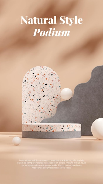 Geometrical shape 3d rendering mockup terrazzo and concrete texture podium in portrait  with sphere