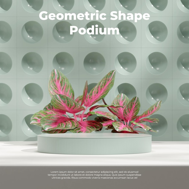 Geometrical shape green wall 3d rendering template mockup empty podium in sphere with aglaonema