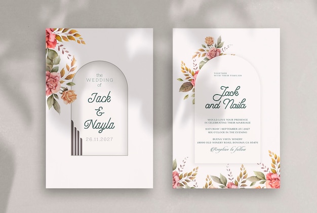 geometrics Vintage wedding invitation template with red flowers