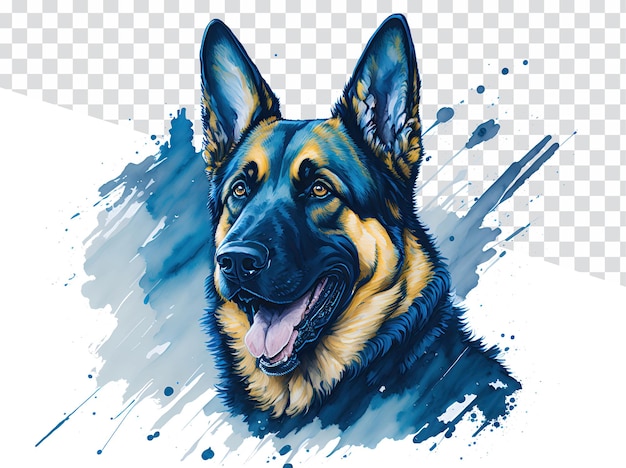 German Shepherd Dog in Blue Watercolor on Clear Background