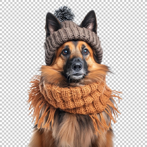 PSD german shepherd dog with winter hat and scarf isolated on transparent background