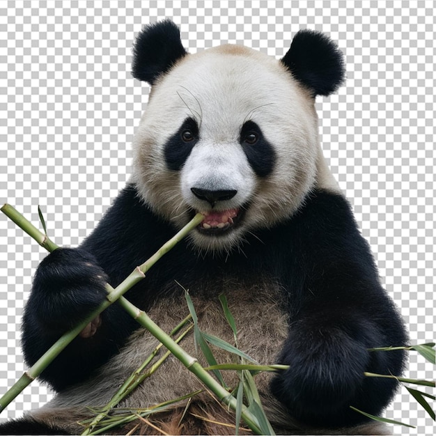 PSD giant panda munching on bamboo isolated on transparent background