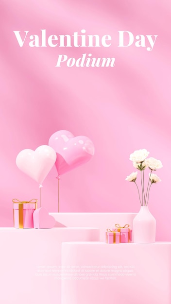 gift box, love baloon, and white rose 3d image render blank space light pink podium in portrait
