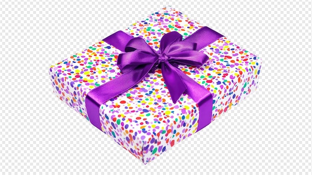 a gift box with a purple ribbon on it