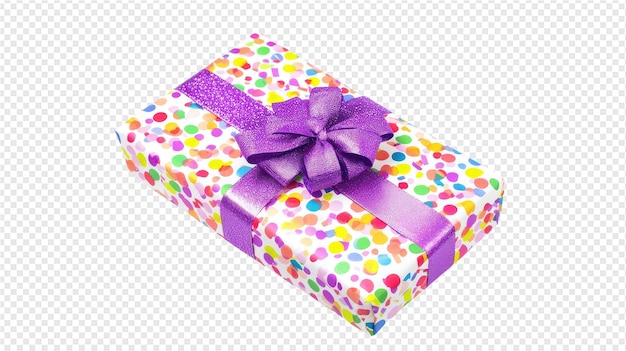 a gift box with a purple ribbon tied around it